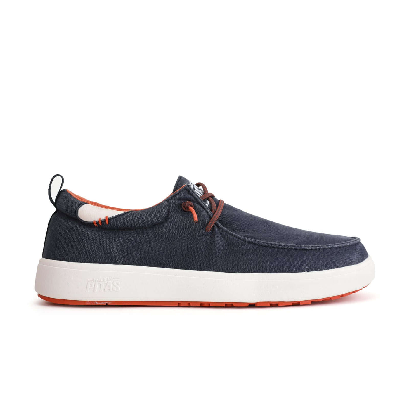 Navy blue Biarritz Hi-Grip Wally shoe with elastic laces, ultralight EVA sole, and Pitas hi-grip rubber outsole.