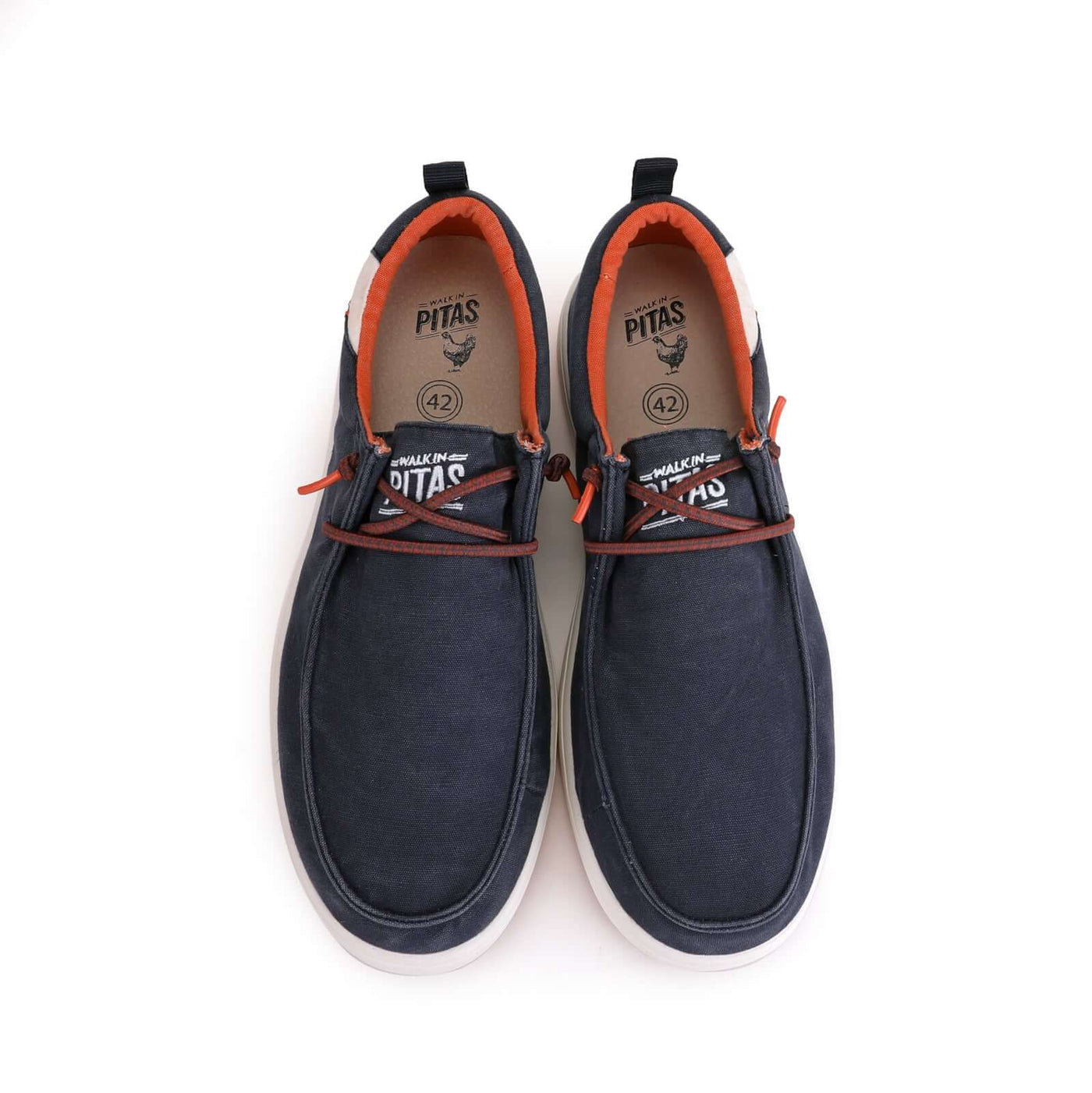 "Biarritz Hi-Grip Wally shoes with navy blue cotton canvas upper and orange lining, featuring easy-on elastic laces and EVA sole."