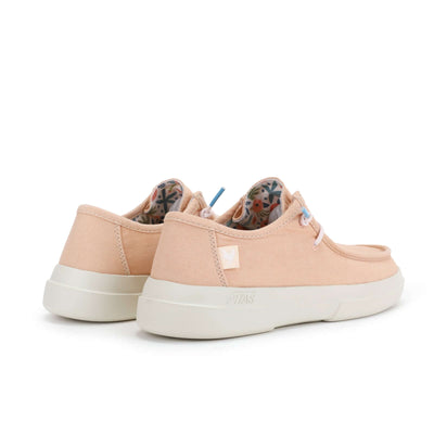 Dafne Ultralight Wally shoes with soft peach cotton upper, elastic laces, and colorful flowery lining designed for summer comfort.