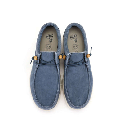 Blue WP150 Ultralight Canvas Wally shoes by Walk In Pitas, featuring double washed canvas and lightweight EVA sole.