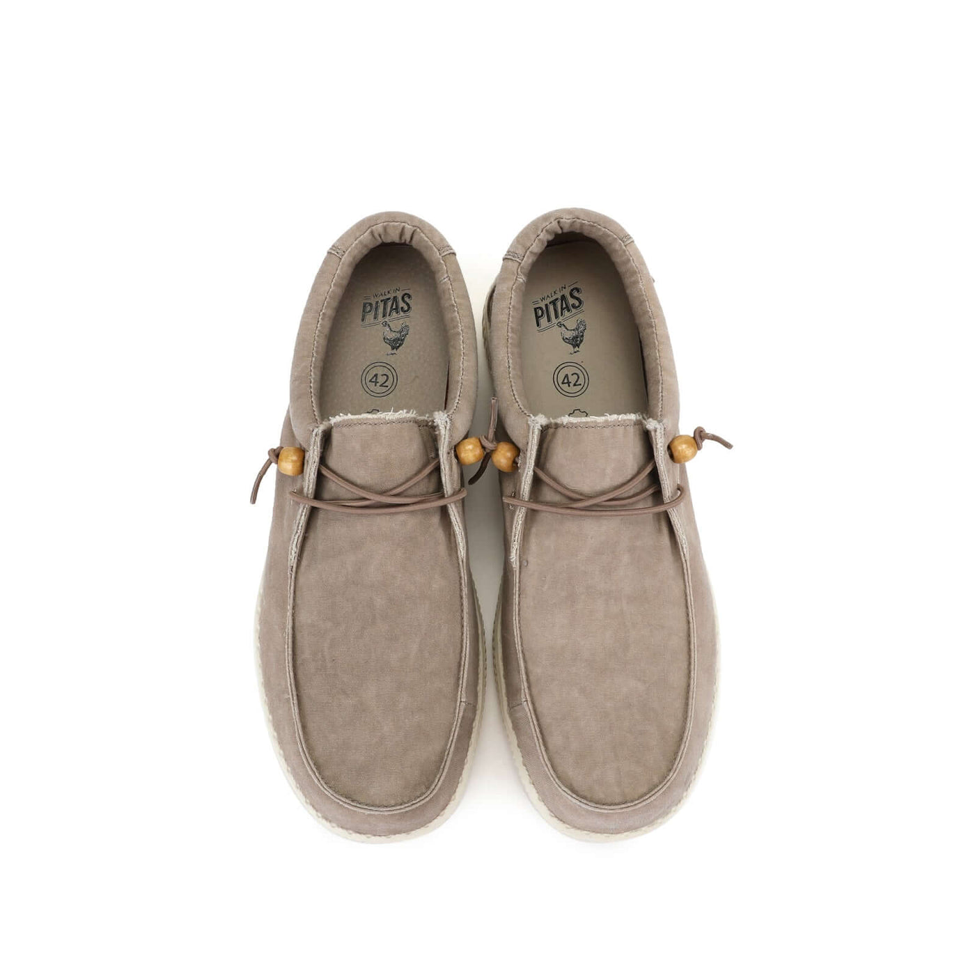 Ultralight WP150 Canvas Wally shoes by Walk In Pitas, featuring a washed canvas cotton upper and EVA sole, top view.