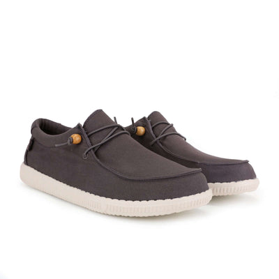 Ultralight Wally shoes by Walk In Pitas with durable EVA sole and washed canvas, dark color, side view.