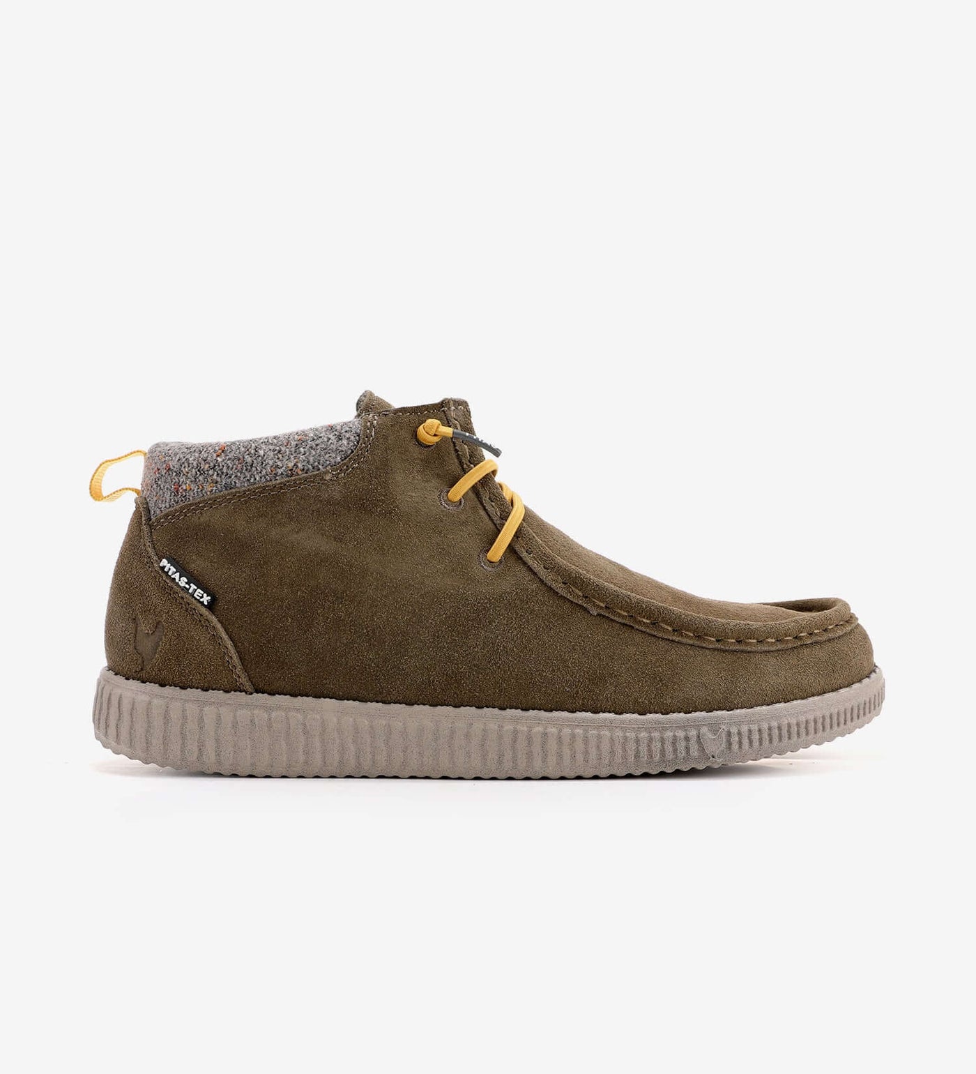 Brown WP150 Bob Mocs by Pitas, waterproof mid-top shoes with suede upper, breathable Pitas-Tex membrane, textile lining.