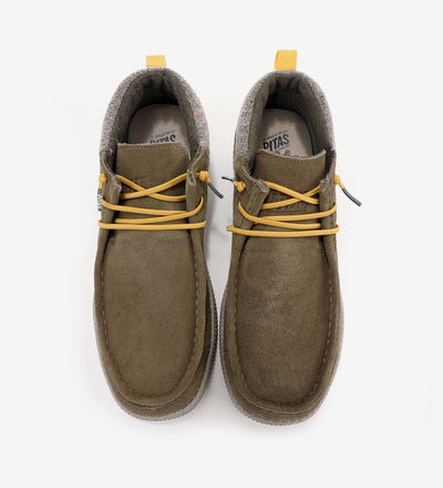 Waterproof mid-top Bob Mocs by Pitas with Pitas-Tex system in brown suede, featuring yellow laces for comfort and breathability.