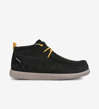 WP150 Bob Mocs waterproof mid-top shoes with Pitas-Tex system, featuring black suede upper and yellow laces for comfort and style.