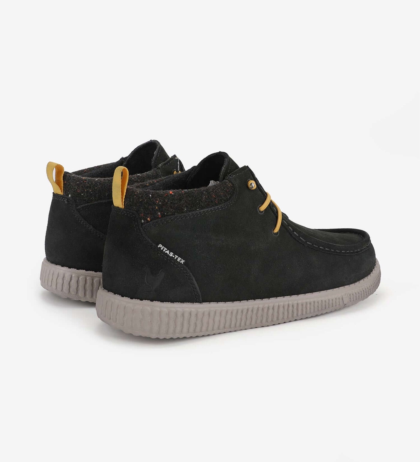 Waterproof mid-top WP150 Bob Mocs by Pitas with Pitas-Tex system, featuring black suede upper and yellow accents.