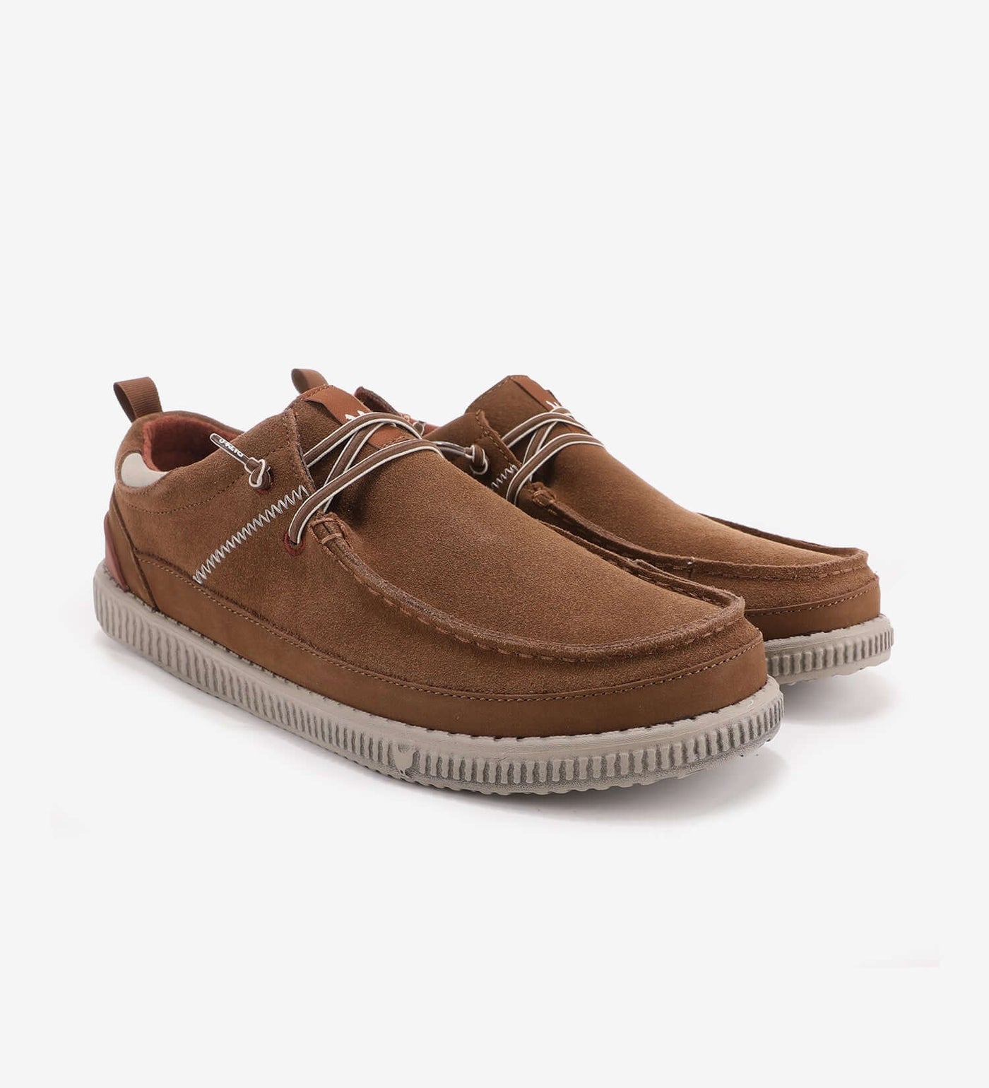 Brown suede moc-toe shoes with elasticated laces, leather trim, breathable lining, and cushioned soles by Pitas.