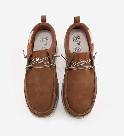 Brown WP150 Bruce water repellent suede moc-toe shoes with elasticated laces and leather trims by Pitas.