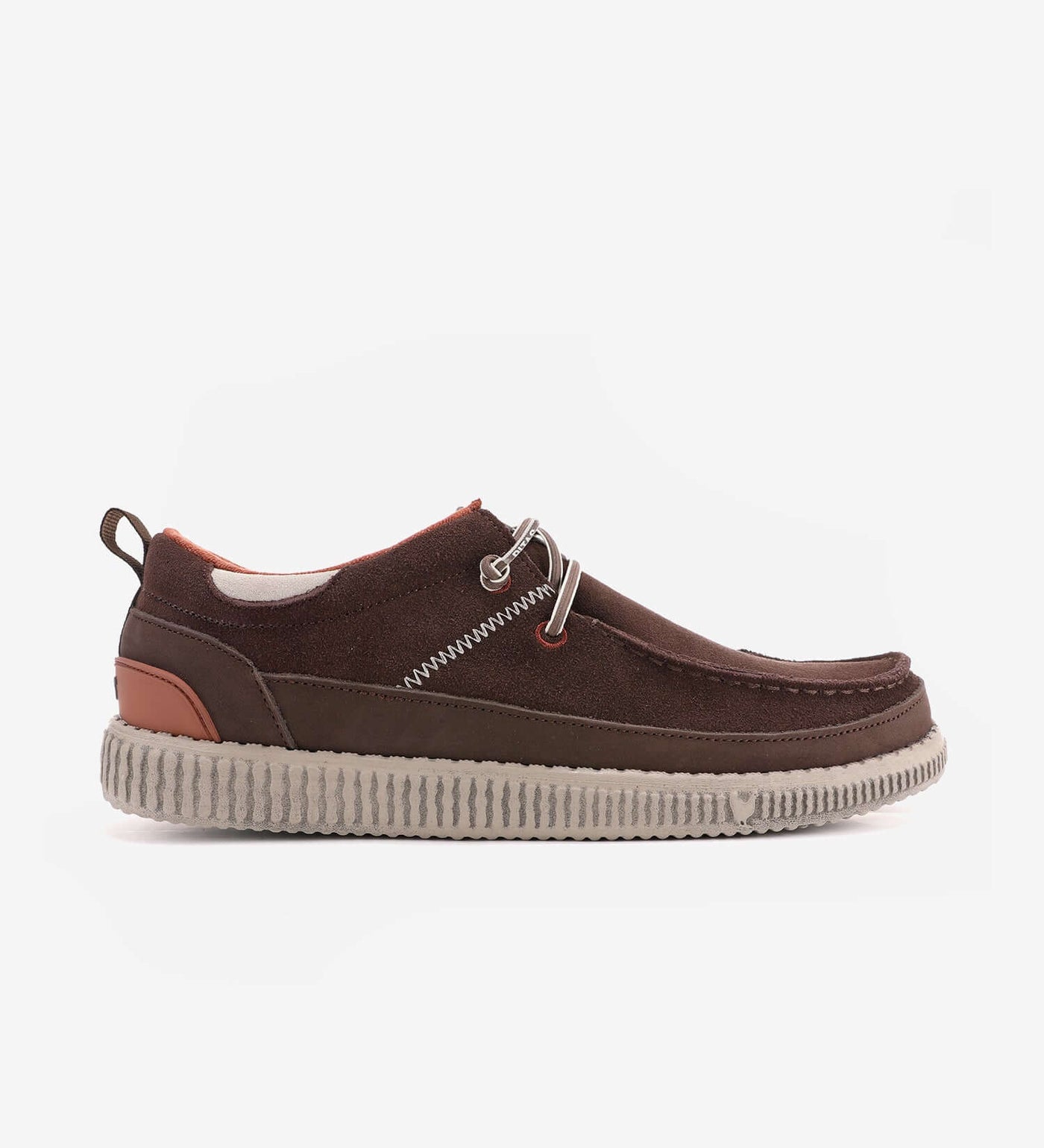 Durable water repellent suede moc-toe shoe with elasticated laces, leather trim, and ultralight cushioning WP150 sole by Pitas.