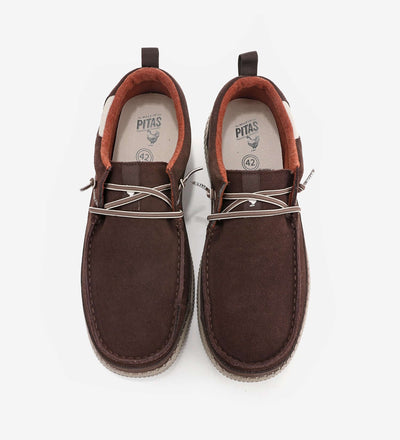 WP150 Bruce water repellent suede moc-toe shoes with elasticated laces and cushioning soles by Pitas.