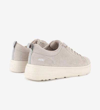 Yari Suede Sneakers by Pitas in beige, featuring water-repellent suede, six eyelets, and elastic laces for easy slip-on comfort.