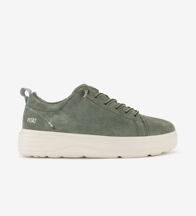 Green Yari Suede Sneakers by Pitas with white soles, featuring easy-on laces and water-repellent suede material for comfort and breathability.