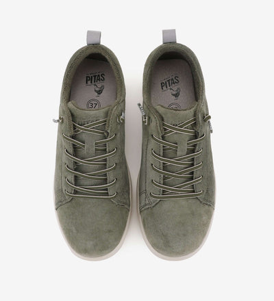 Yari Suede Sneakers by Pitas in olive green, top view showing water-repellent suede material and easy-on elastic laces.