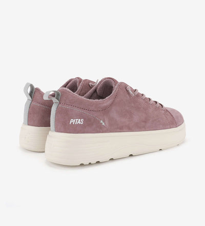 Pink Yari Suede Sneakers by Pitas, featuring water-repellent suede and elastic easy-on laces, side view showcasing lightweight design.