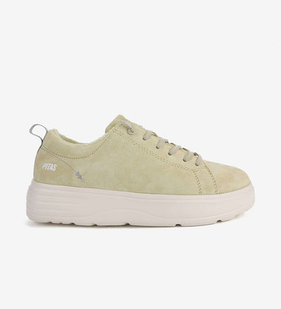 Yari Suede Sneakers by Pitas in light green, featuring water-repellent suede, six lace eyelets, and elastic easy-on laces.