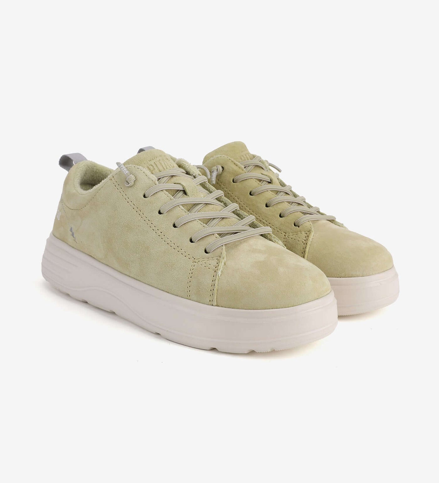 Yari Suede Sneakers by Pitas in light green, featuring water-repellent suede, easy-on elastic laces, and a comfortable, breathable design.