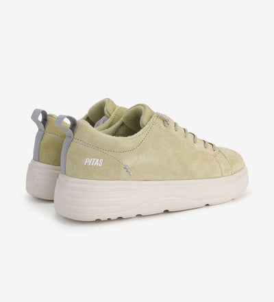 Light green Yari Suede Sneakers by Pitas, featuring water-repellent suede, easy-on laces, and comfortable design with six eyelets.