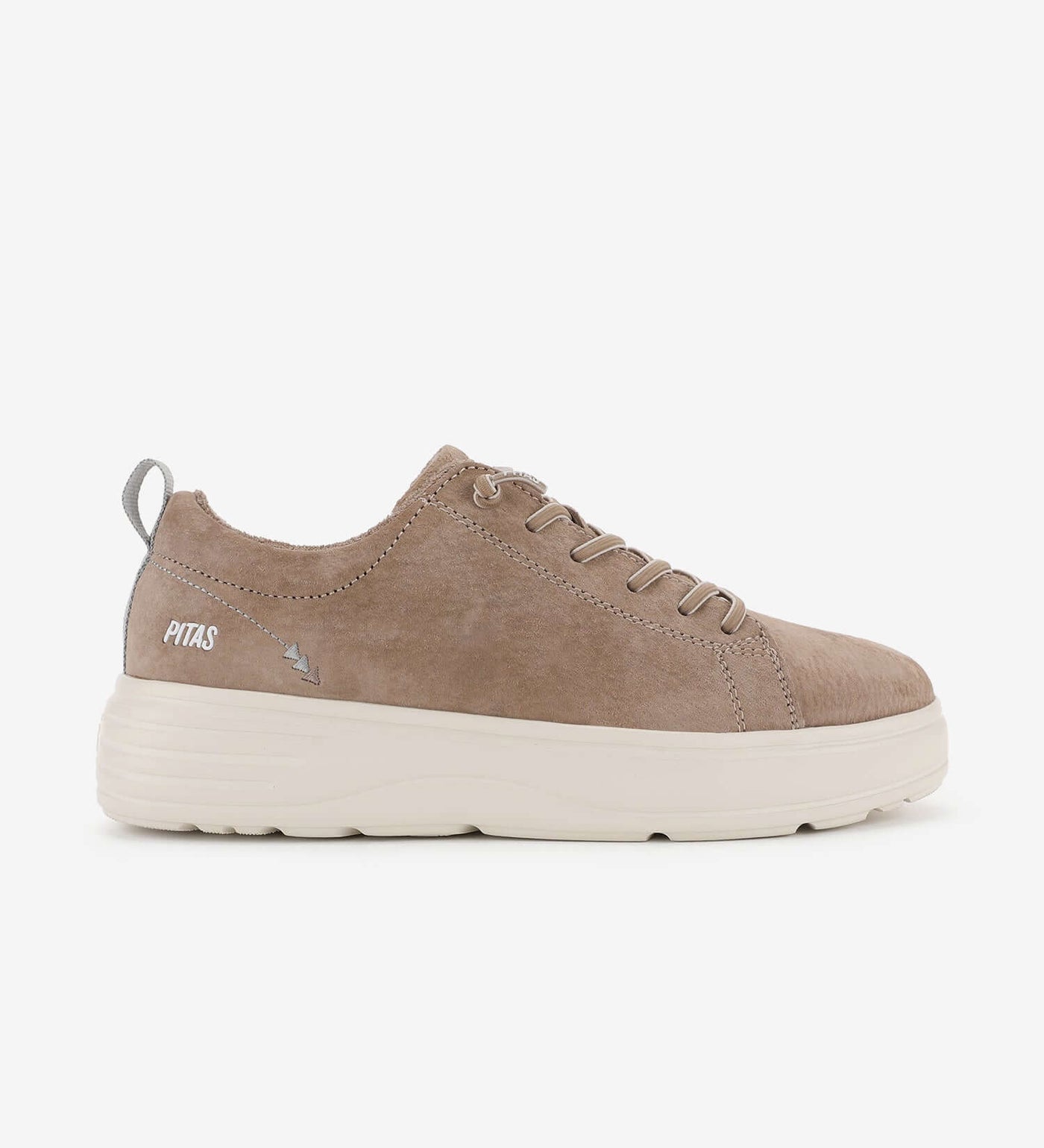 Yari Suede Sneakers by Pitas, lightweight water-repellent sneaker with six lace eyelets and elastic laces, side view.