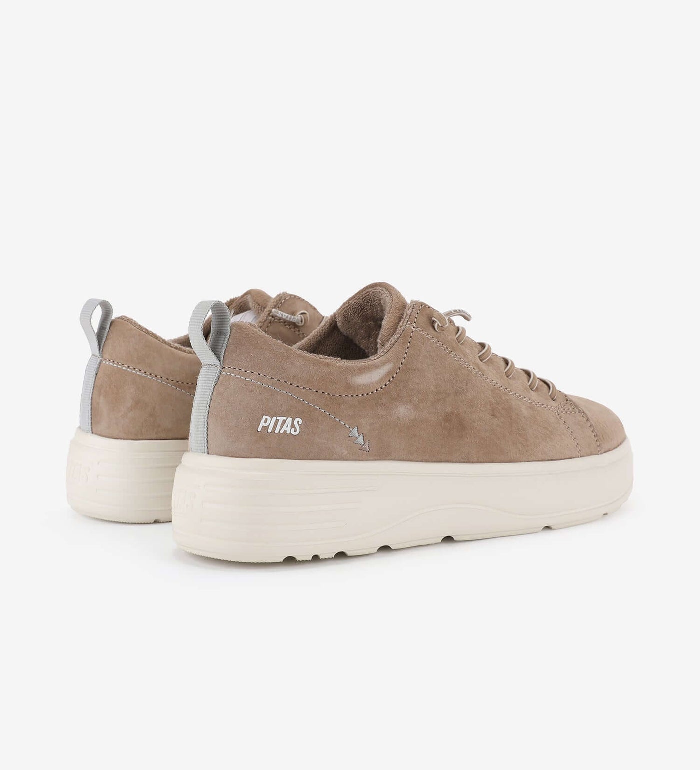 Yari suede sneakers by Pitas in beige, featuring water-repellent material, elastic easy-on laces, and a comfortable design.