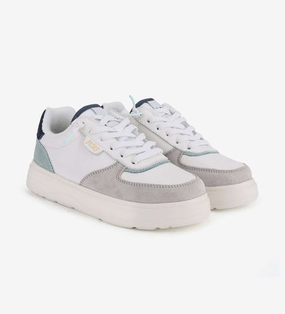 Zan Leather Sneakers by Pitas, water-repellent leather shoes with 4cm platform, elastic easy-on laces, in white and grey tones.