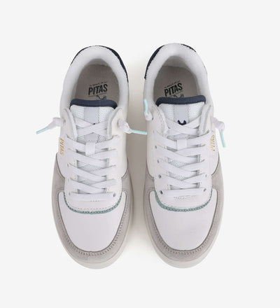 Zan Leather Sneakers by Pitas in white, top view showing elastic easy-on laces and six eyelets, part of the premium water-repellent range.