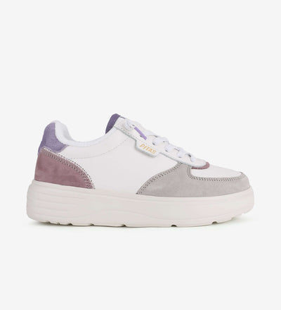 Zan Leather Sneakers by Pitas in white and pastel colors, featuring a water-repellent design with a 4cm platform and elastic easy-on laces.