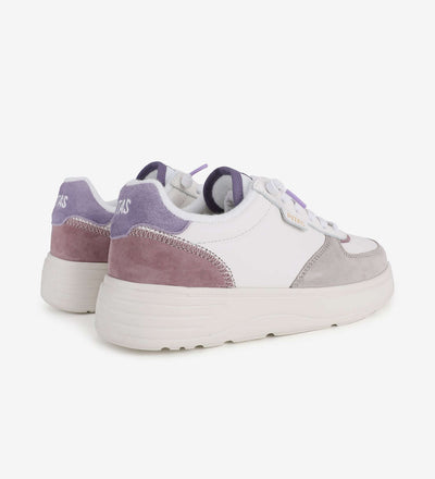 Zan Leather Sneakers by Pitas, lightweight and breathable platform shoes with purple accents, side and rear view.