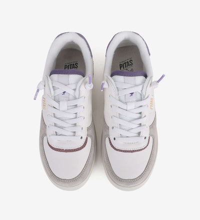 Zan Leather Sneakers by Pitas - top view of water-repellent, lightweight white sneakers with purple accents and easy-on elastic laces.