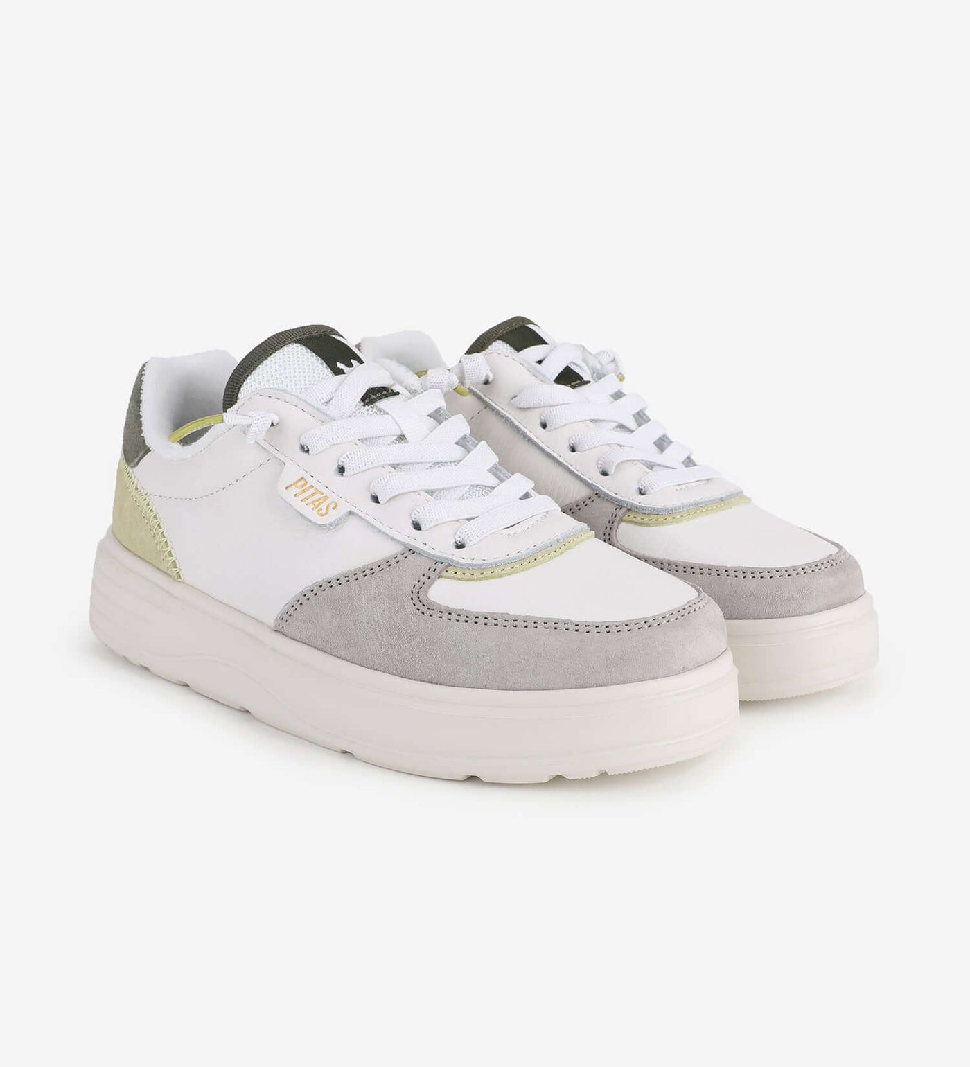 Zan Leather Sneakers by Pitas in white and gray with 4cm platform, water-repellent leather, elastic laces, and soft fabric lining.