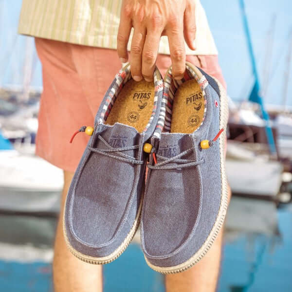 WP150 Rustic Ultralight Wally shoes with rustic weave cotton and stripey lining, perfect for comfortable summer walks by the marina.