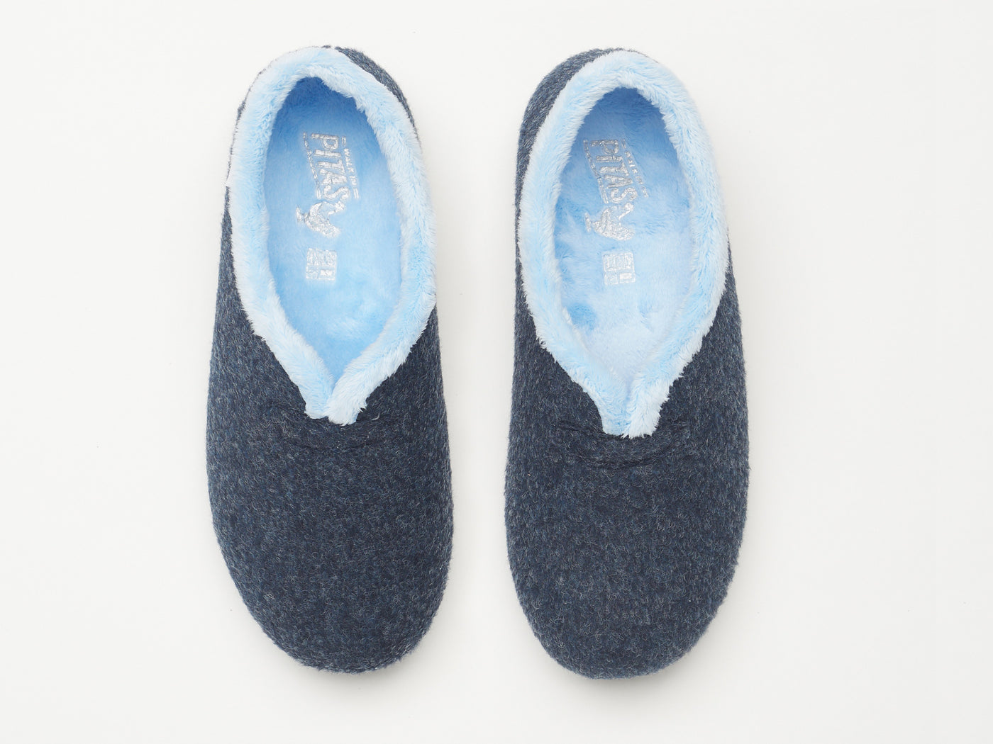 Women's navy blue felt and faux fur slippers