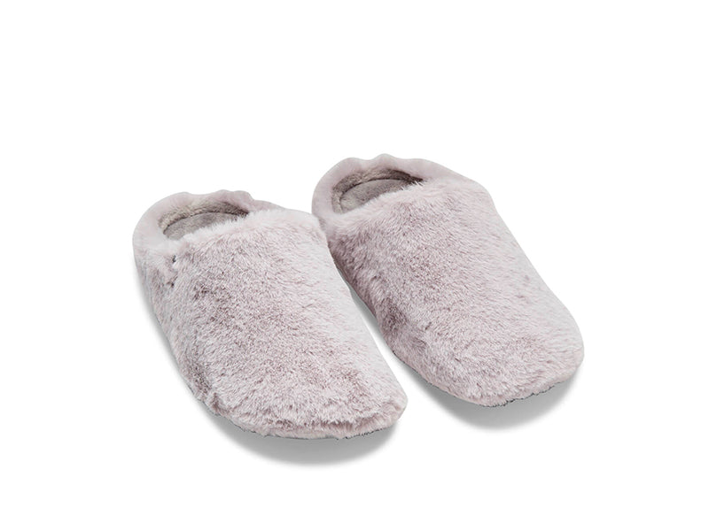 Women's grey fluffy faux fur mule slippers, 100% recycled materials